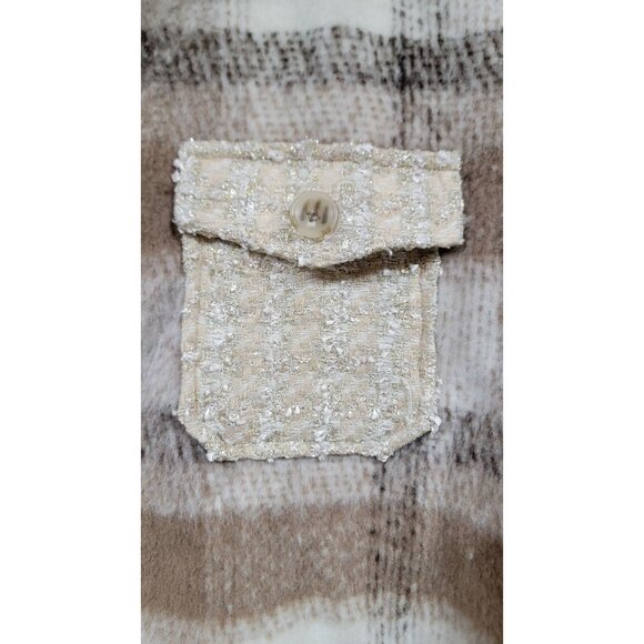Southern Grace Plaid Shacket Jacket Brown Beige Tweed Pockets Button Down - Picture 4 of 6